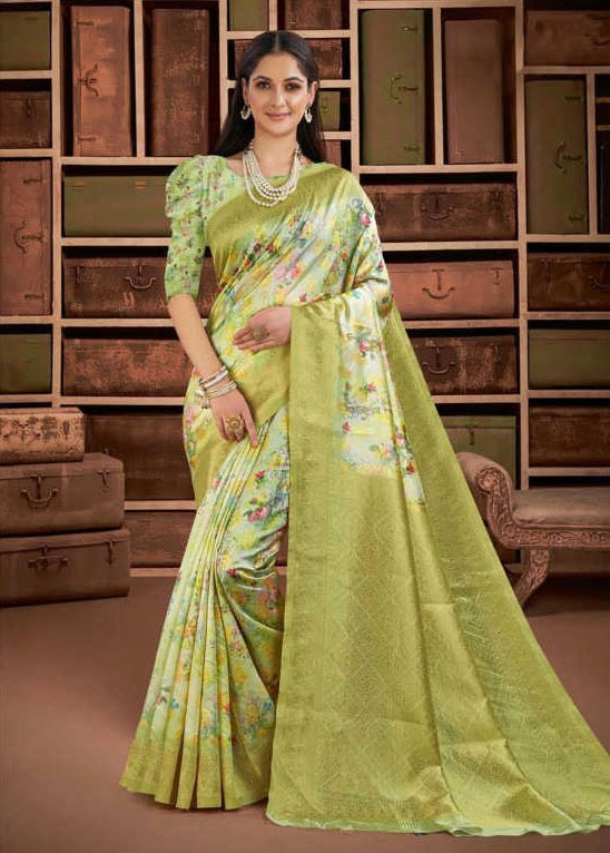Pastel Green Colour Satin Silk Saree