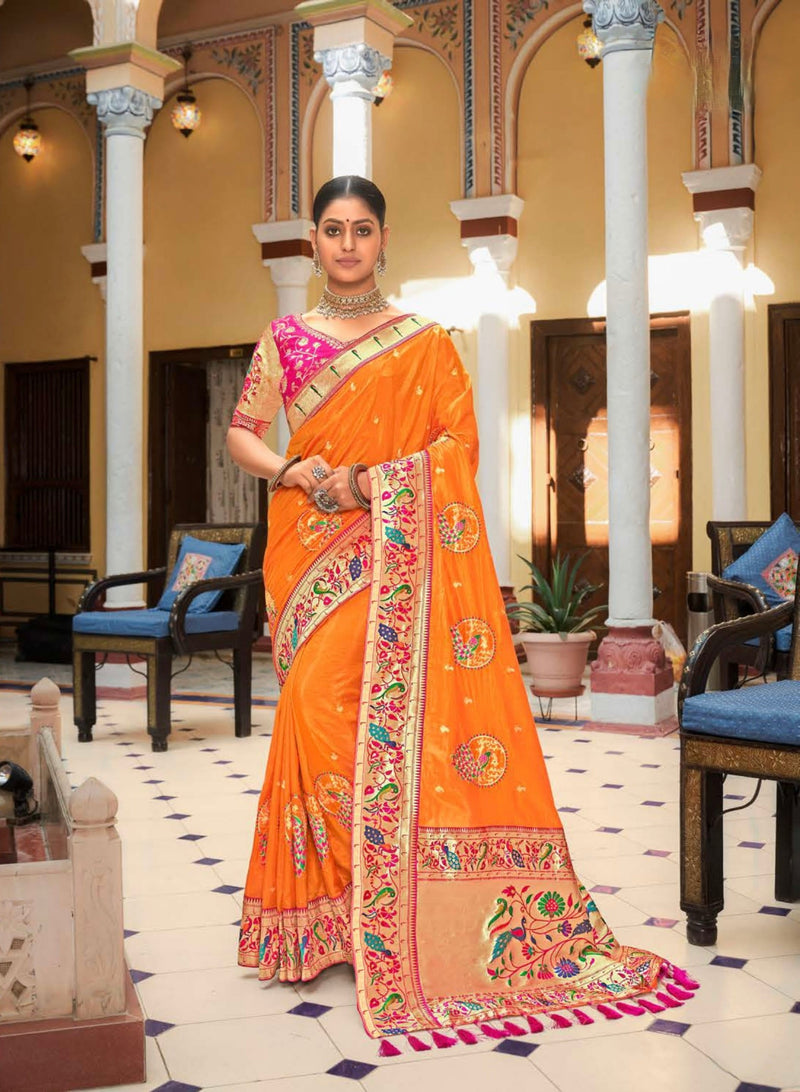 Orange silk saree with Banarasi silk blouse
