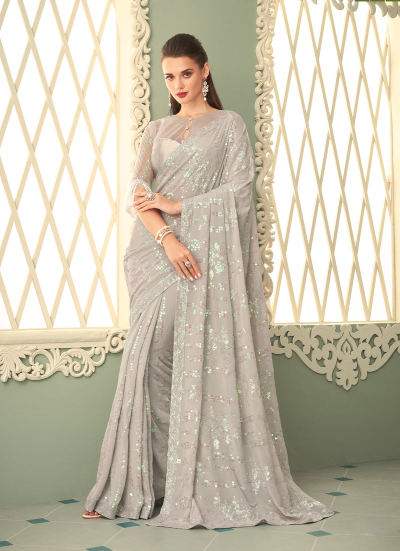 Grey colour Sequins Designer Saree