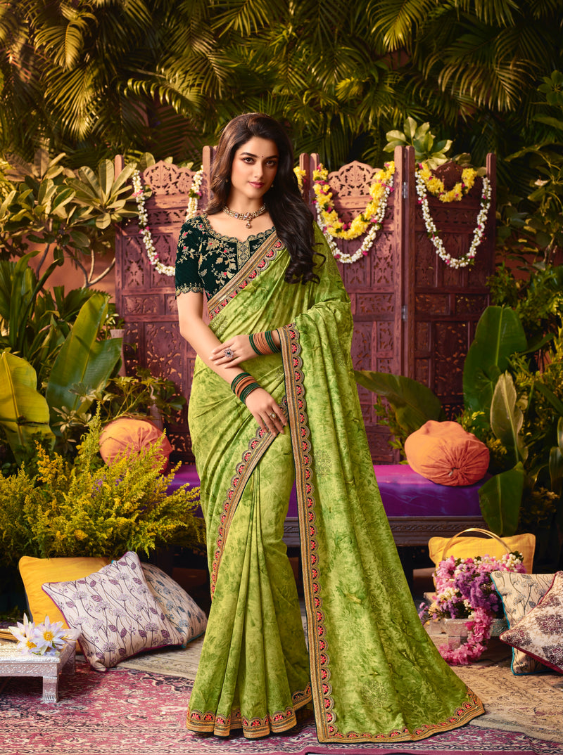 Designer Green Vichitra Silk Diamond Work Saree