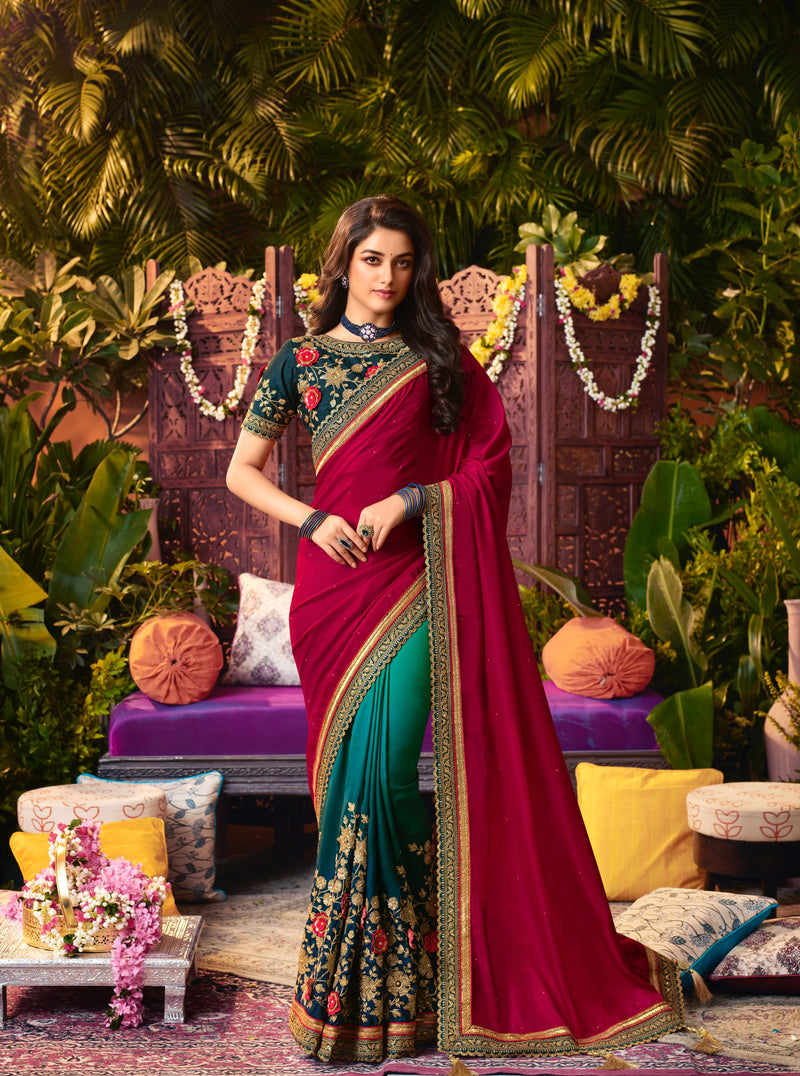Designer Rani Pink & Green Silk Fabric Saree