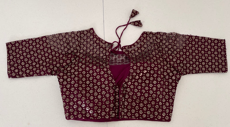 Sequins net ready made blouse in wine