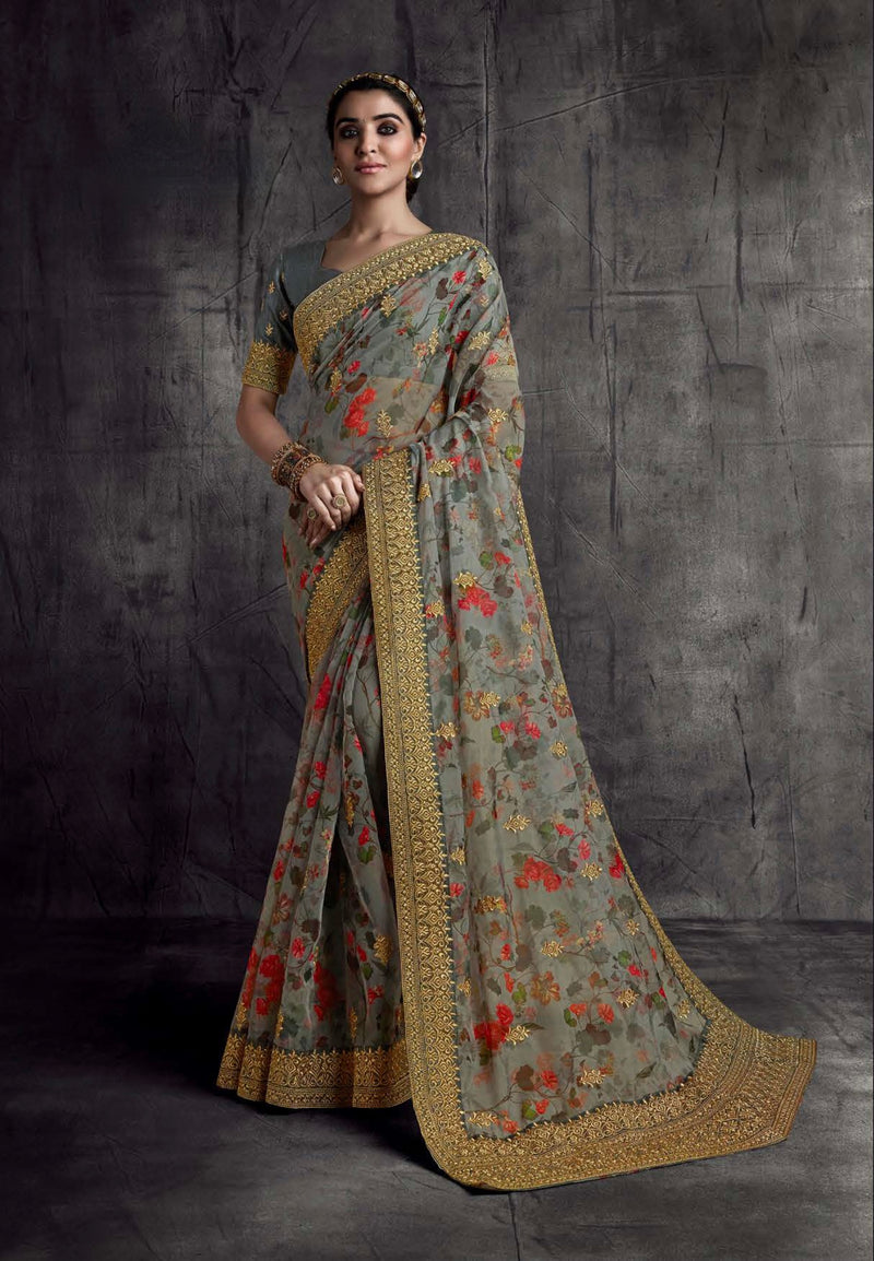 Elegant Grey Colour Designer Saree