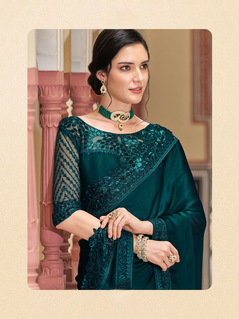 Teal Green Sequins Embroidered Silk Saree