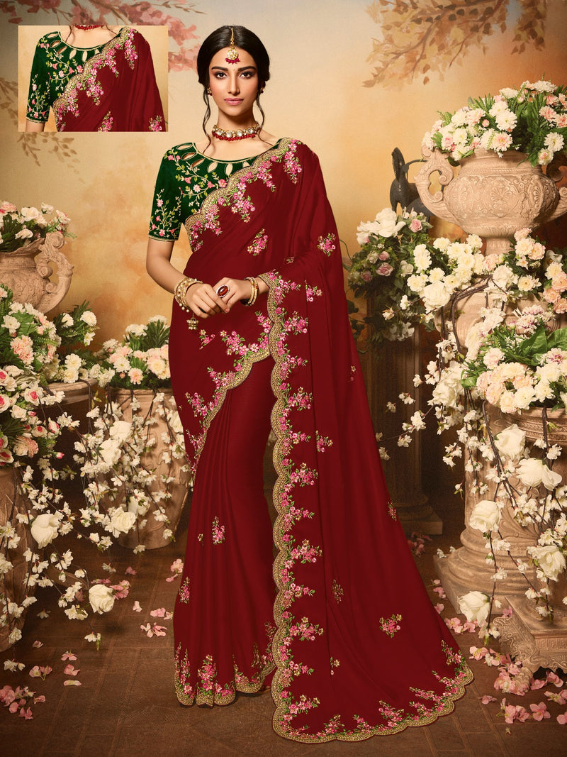 Embroidered Scalloped Saree in Dark Red