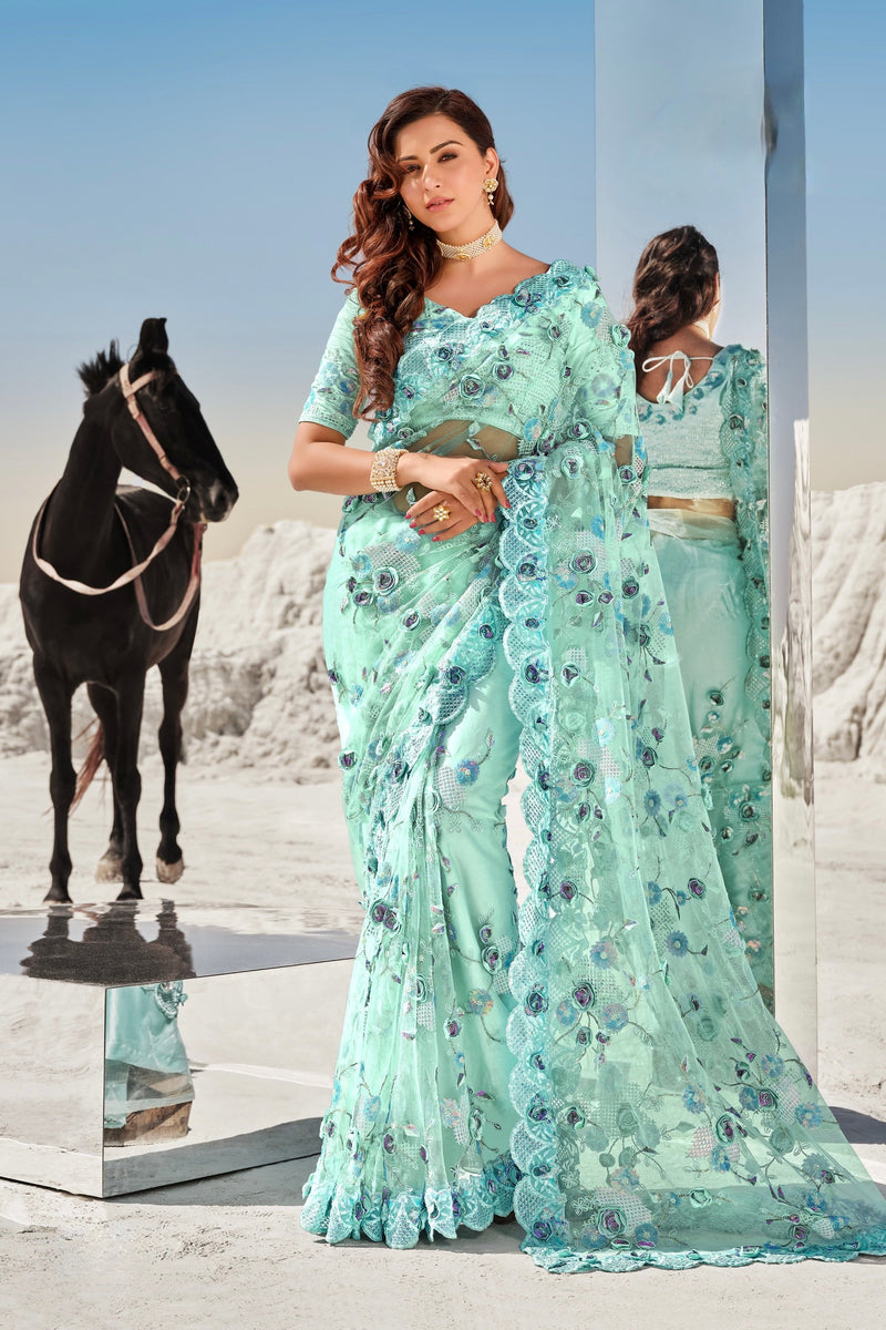 Aqua Colour Ravishing Designer Pure Net Saree