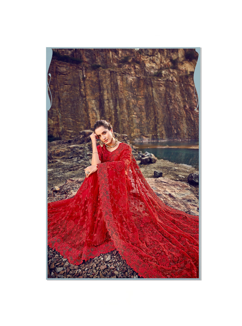 Red Colour Ravishing Designer Pure Net Saree