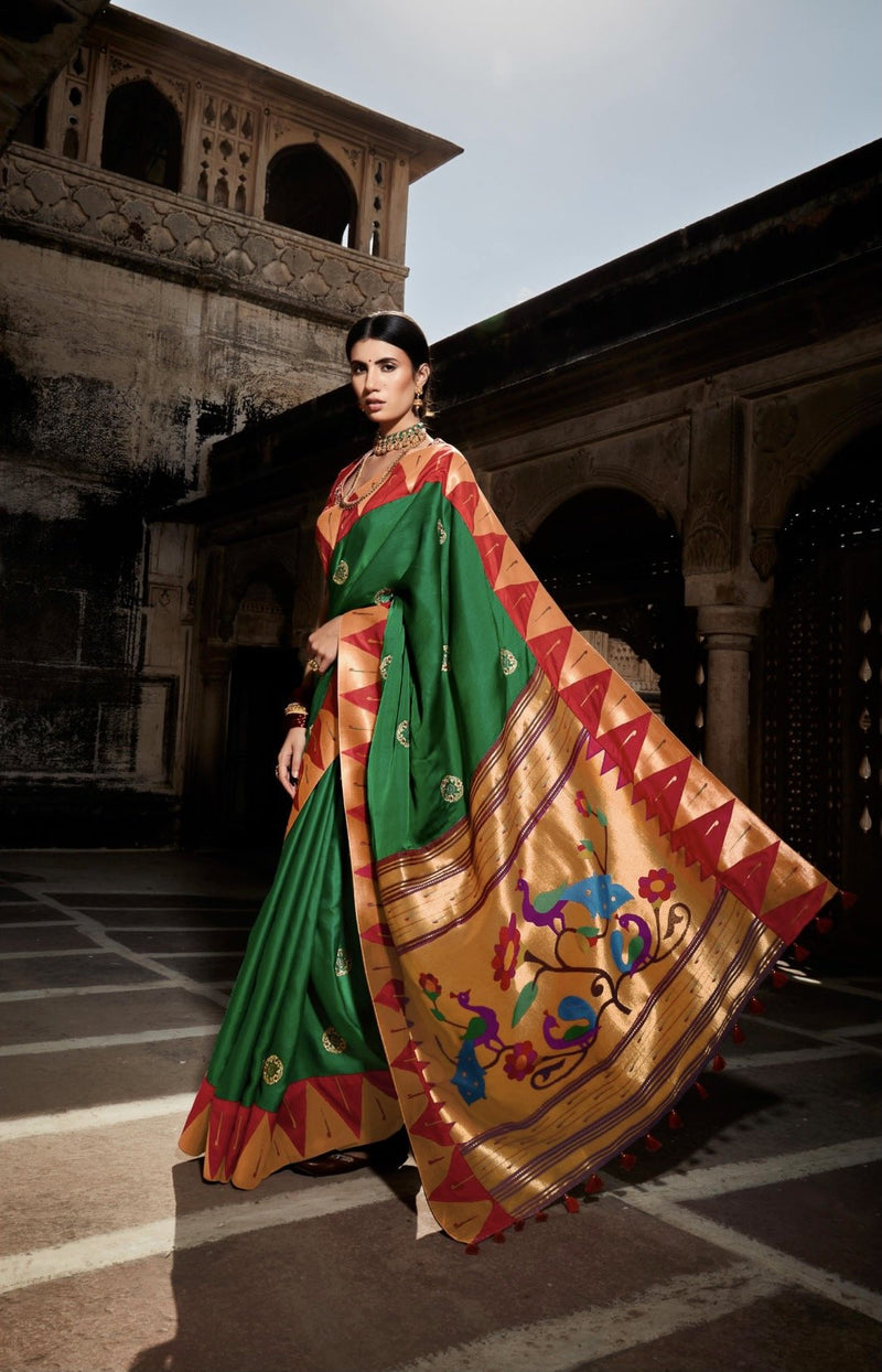 Green & Red colour Paithani Silk Saree