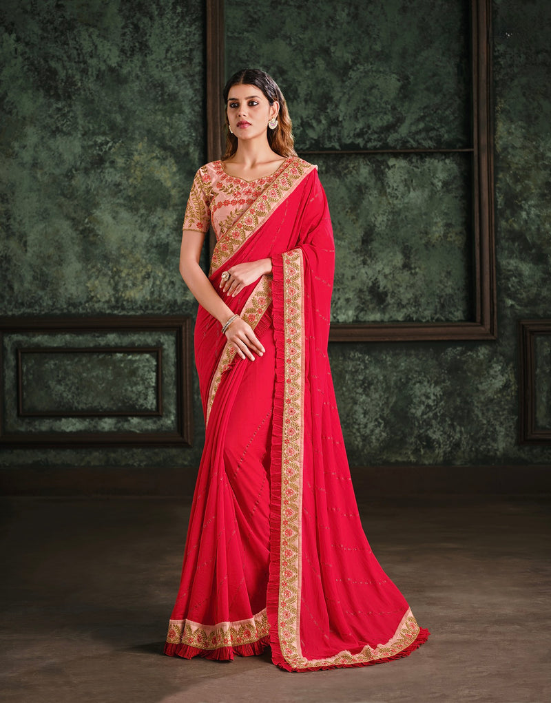 Red Designer Saree with Handmade works