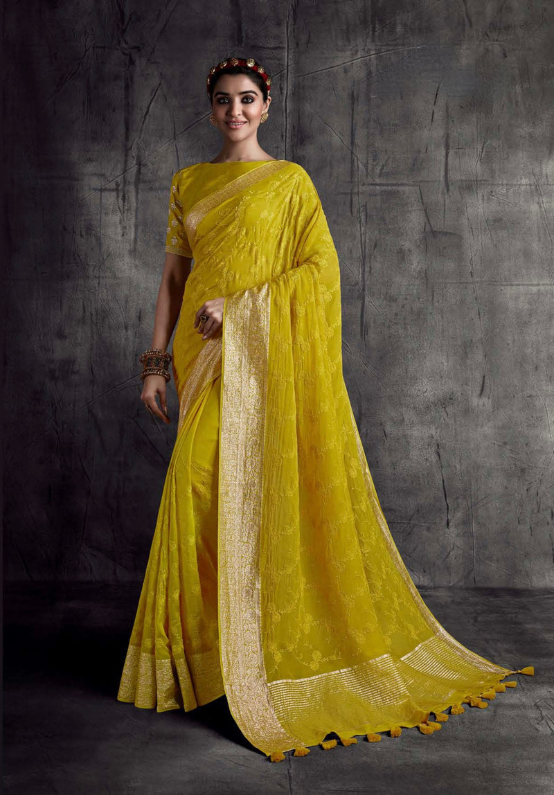 Yellow Colour Embroidery Work Saree