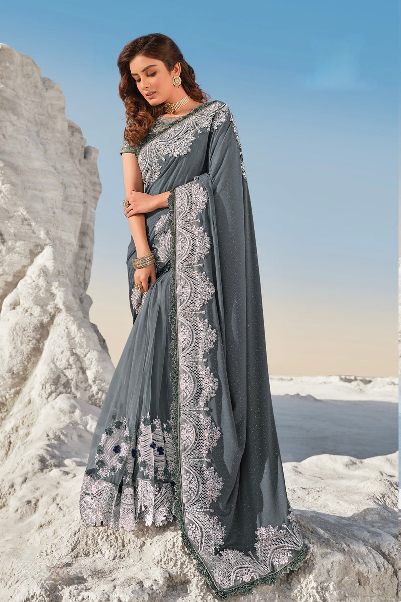 Grey Colour Ravishing Designer Pure Net Saree