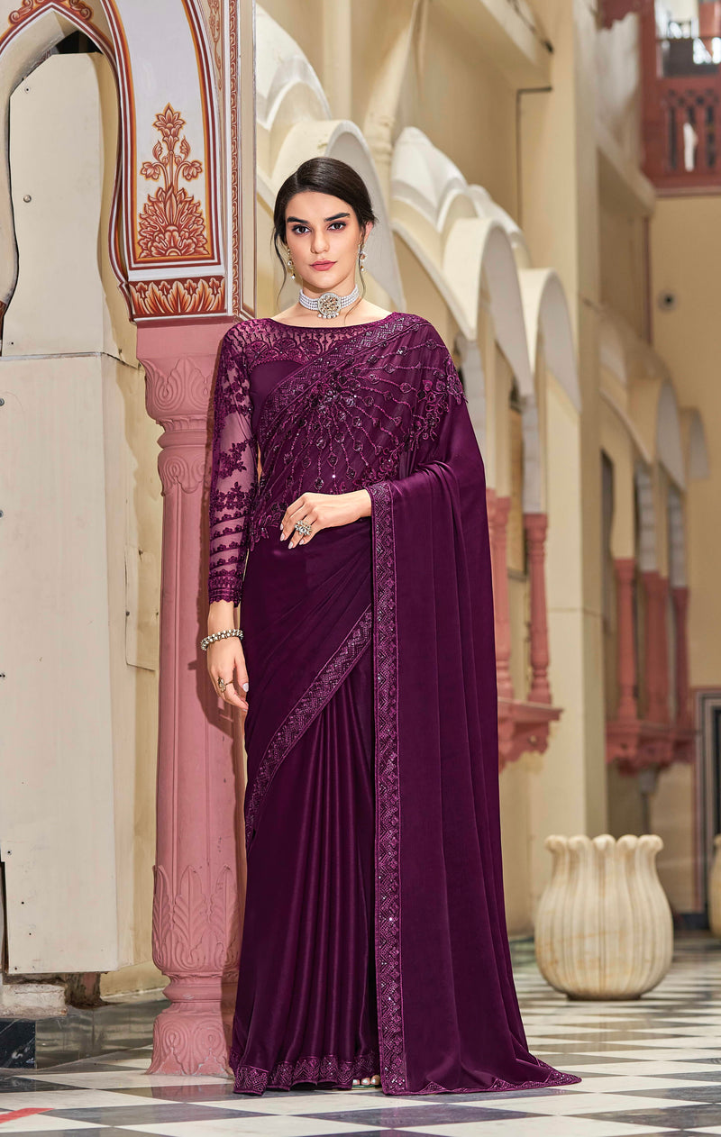 Purple Floral Sequins Embroidered Silk Saree