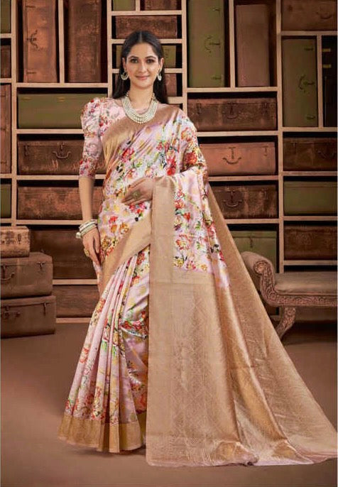 Pastel Pink Colour Satin Silk Saree