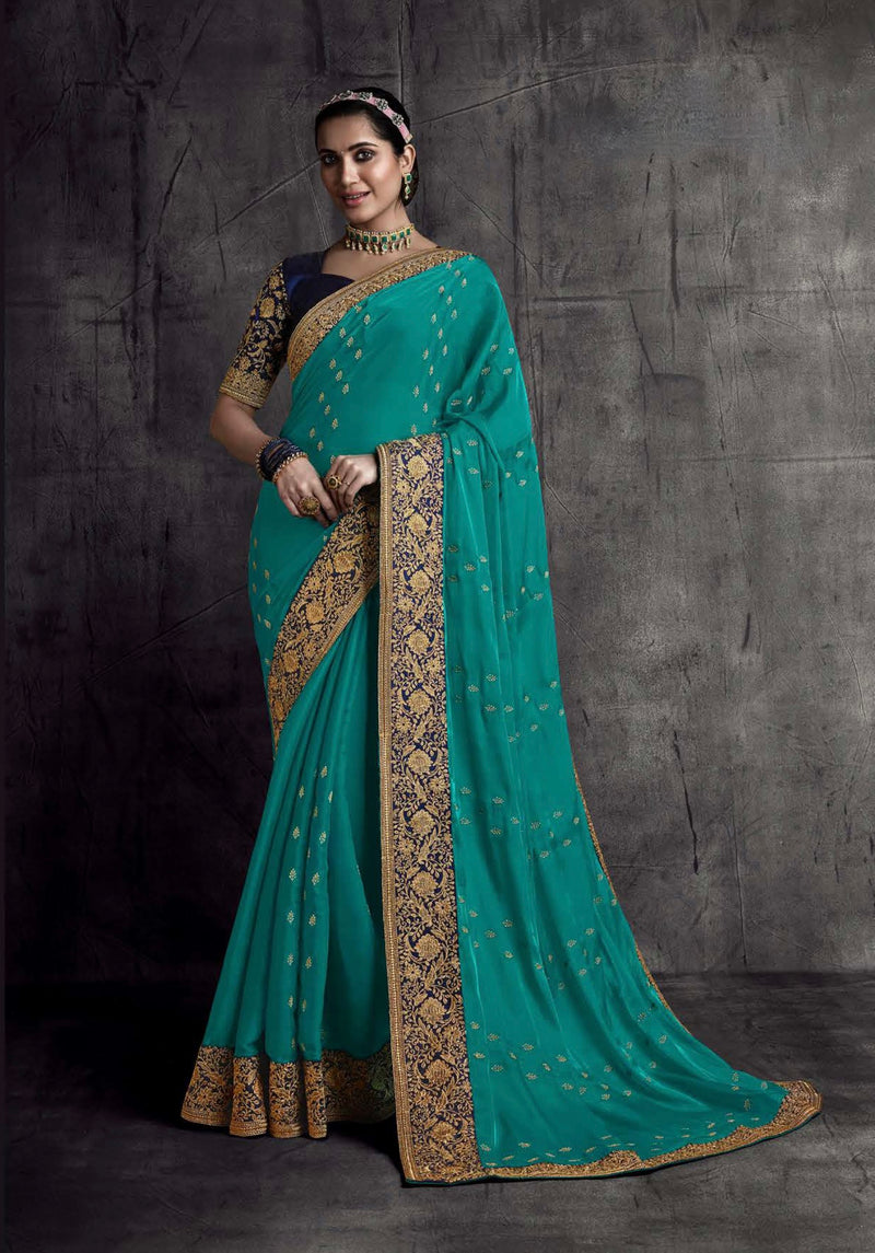 Attractive Turquoise Colour Designer Saree