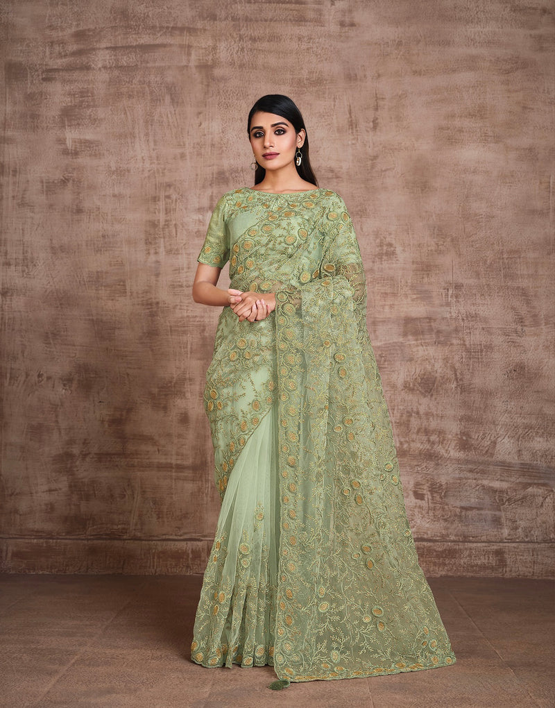 Green Designer Saree with Handmade works