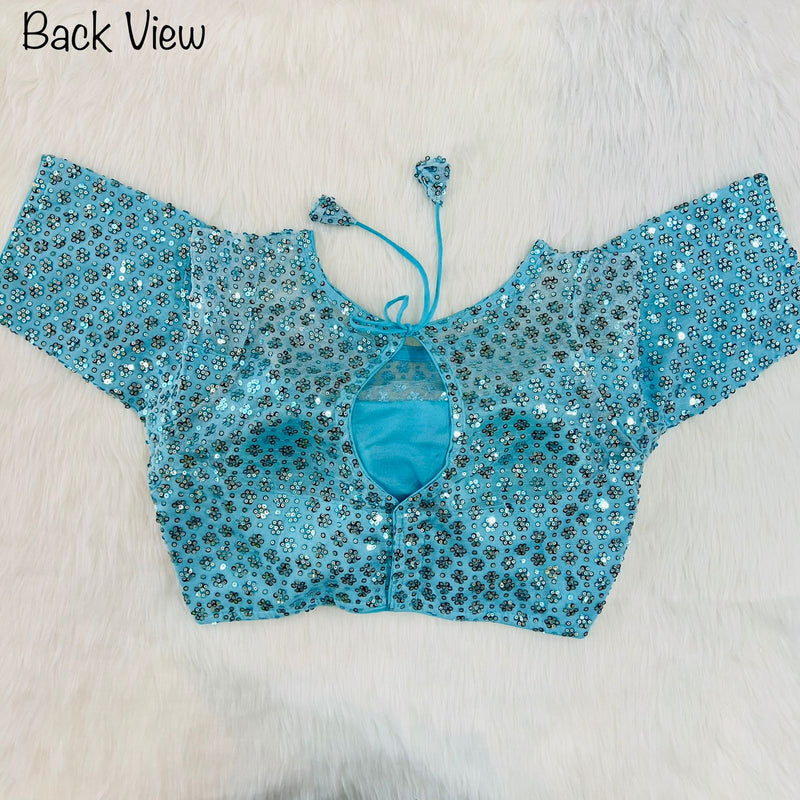 Sequins net ready made blouse in sky-blue