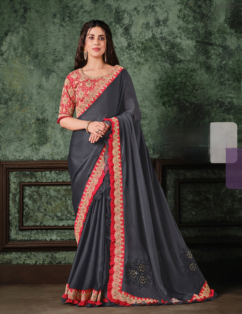 Grey Designer Saree with Handmade works