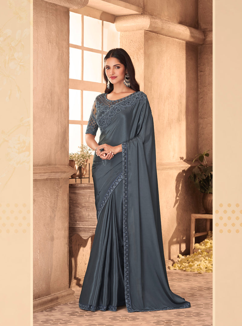 Grey Colour Silk Designer Saree