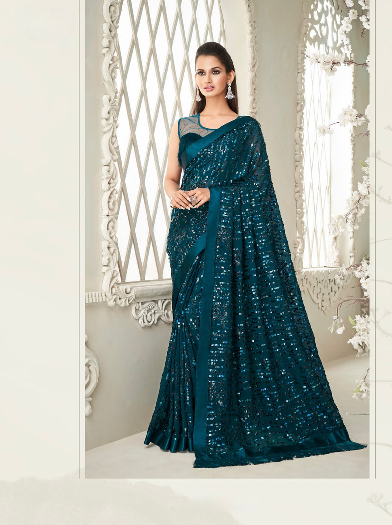 Turquoise colour Sequins Designer Saree