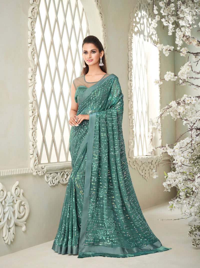 Turquoise colour Sequins Designer Saree