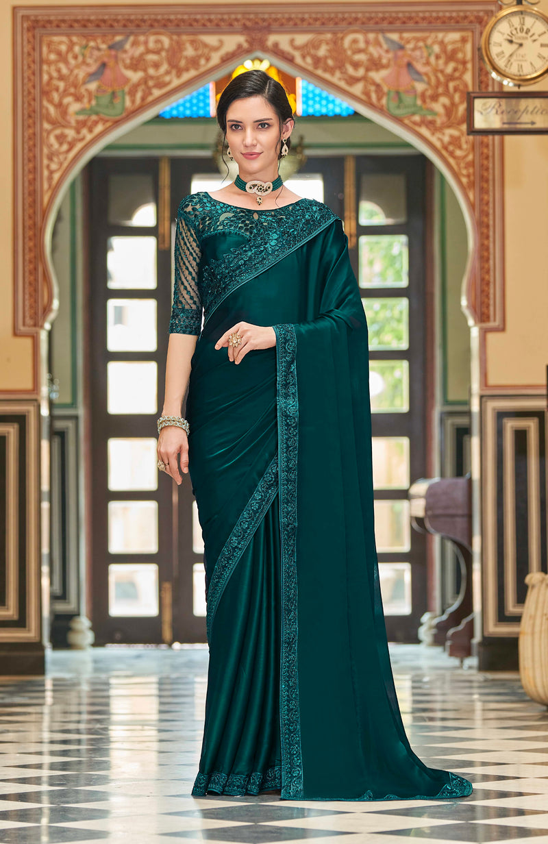 Teal Green Sequins Embroidered Silk Saree