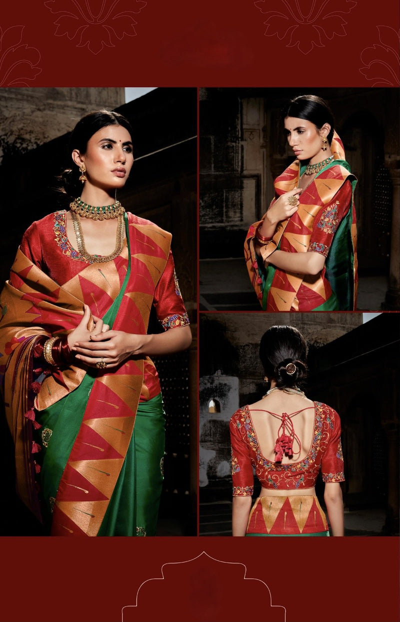 Green & Red colour Paithani Silk Saree