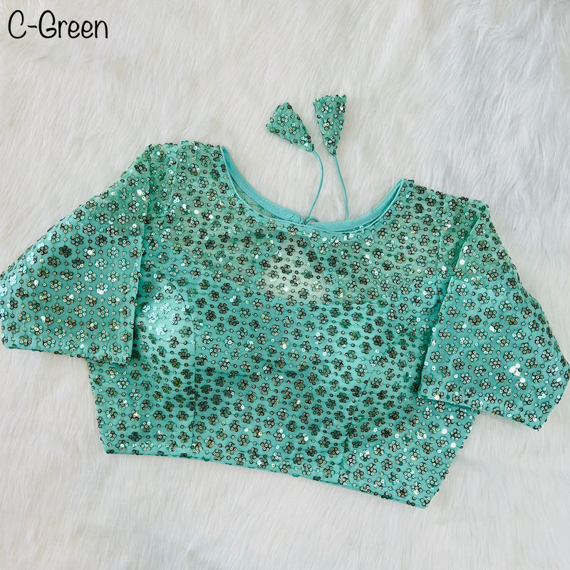 Sequins net ready made blouse in sea green
