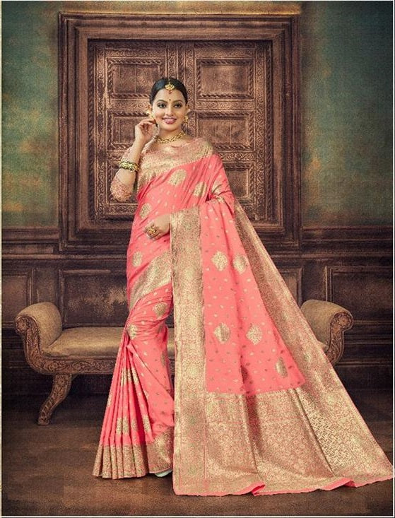 Coral Colour Zari work Silk Saree