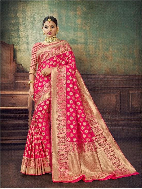 Magenta Colour Zari work Silk Saree