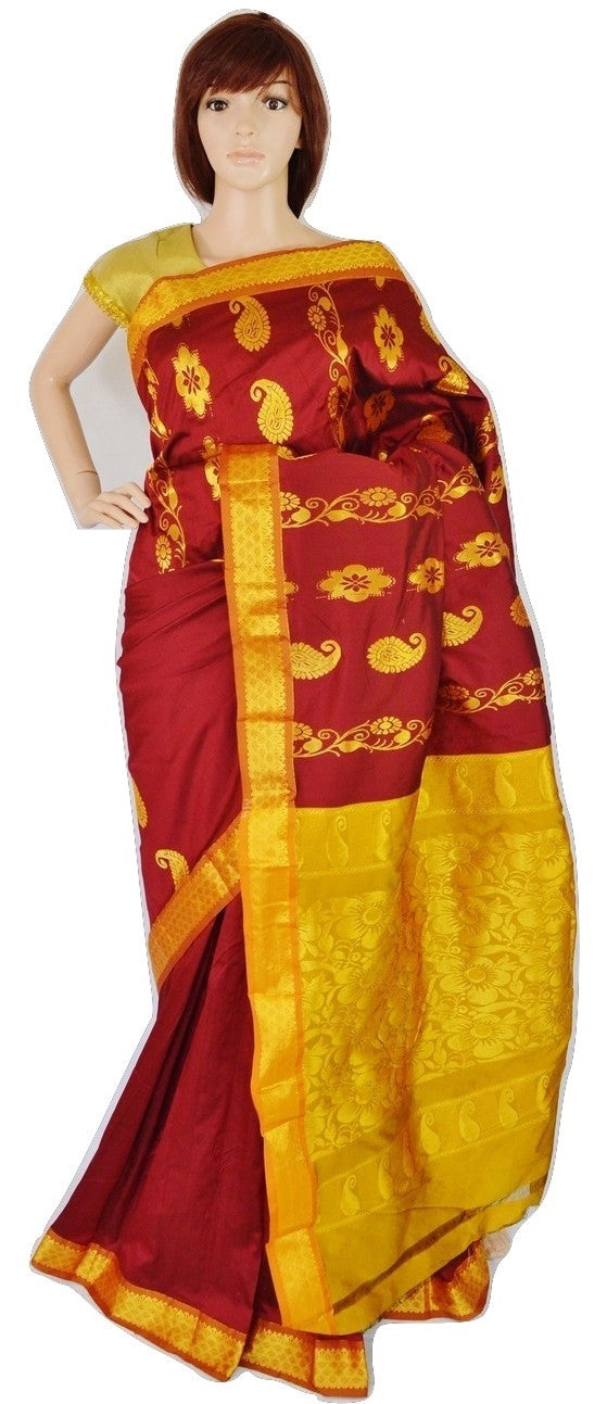 Carmine, Golden Yellow & Gold Silk Saree