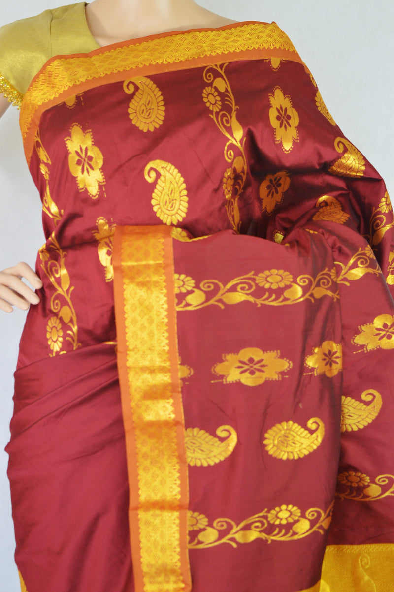 Carmine, Golden Yellow & Gold Silk Saree