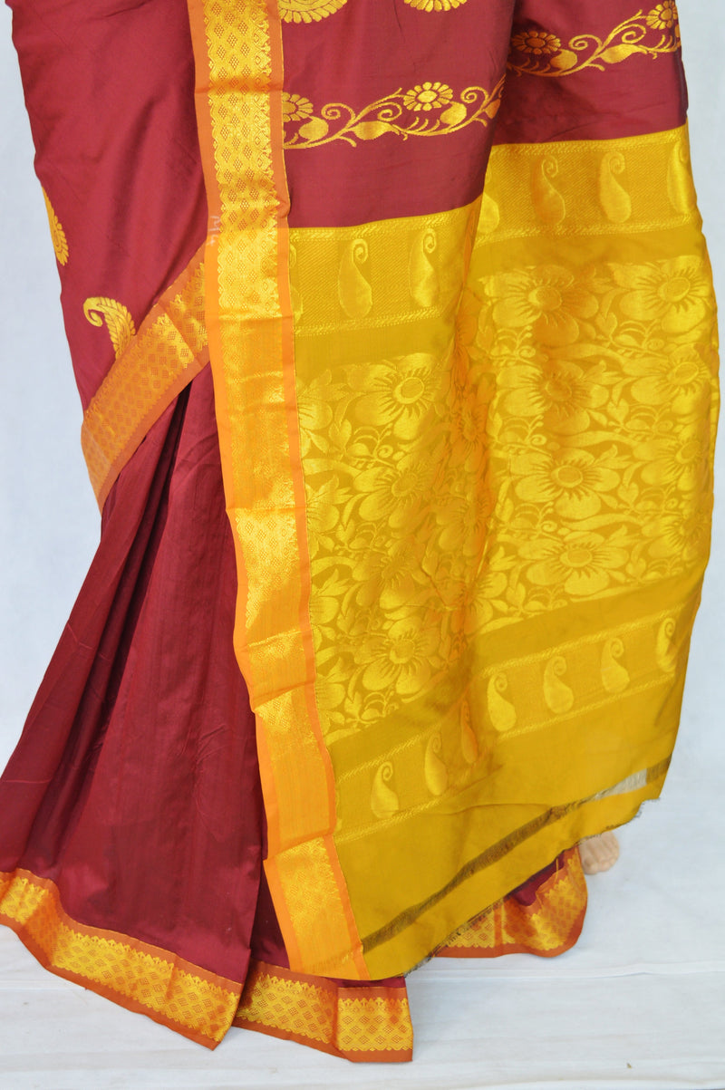 Carmine, Golden Yellow & Gold Silk Saree