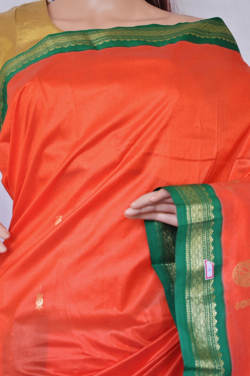 Dark Coral & Green Colour Mini Kanchi Silk Saree