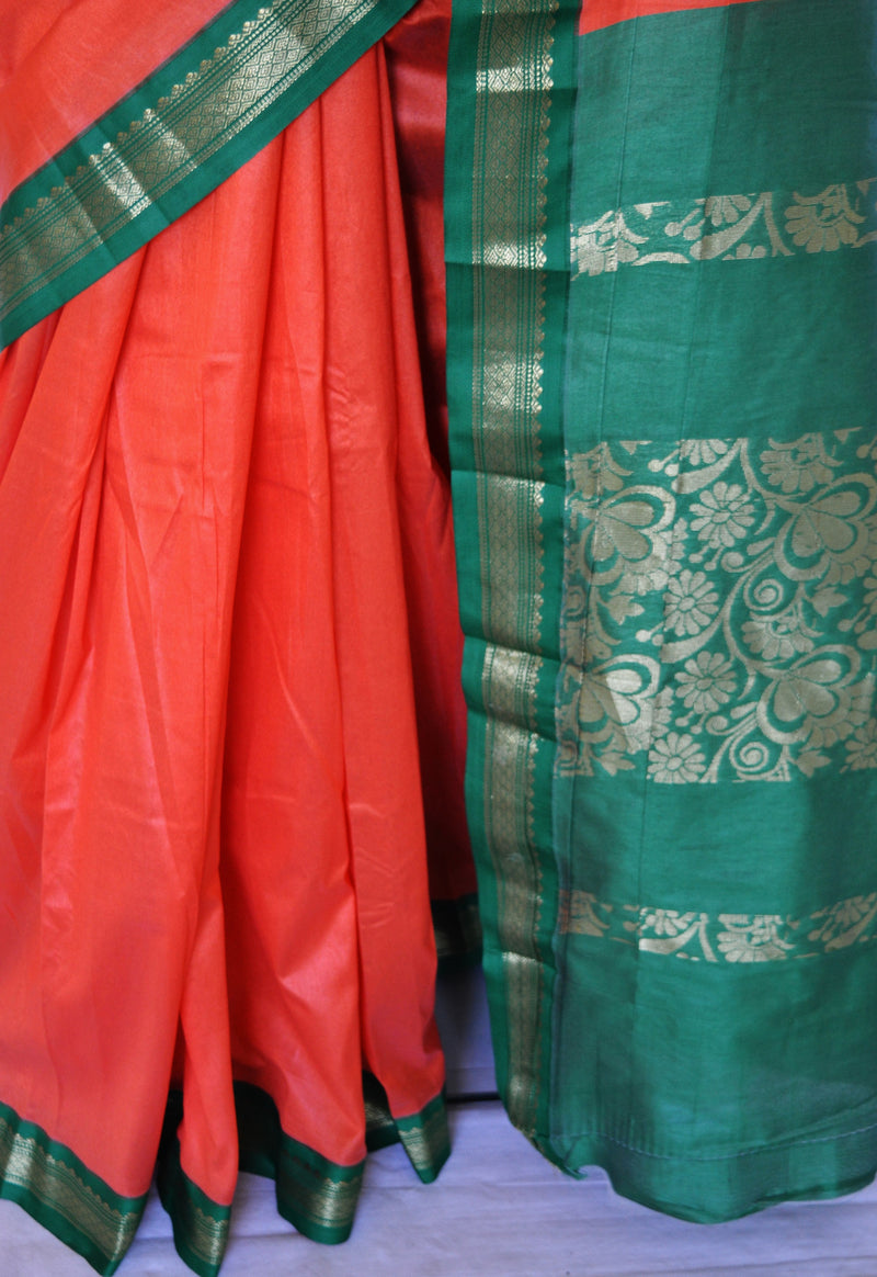 Dark Coral & Green Colour Mini Kanchi Silk Saree