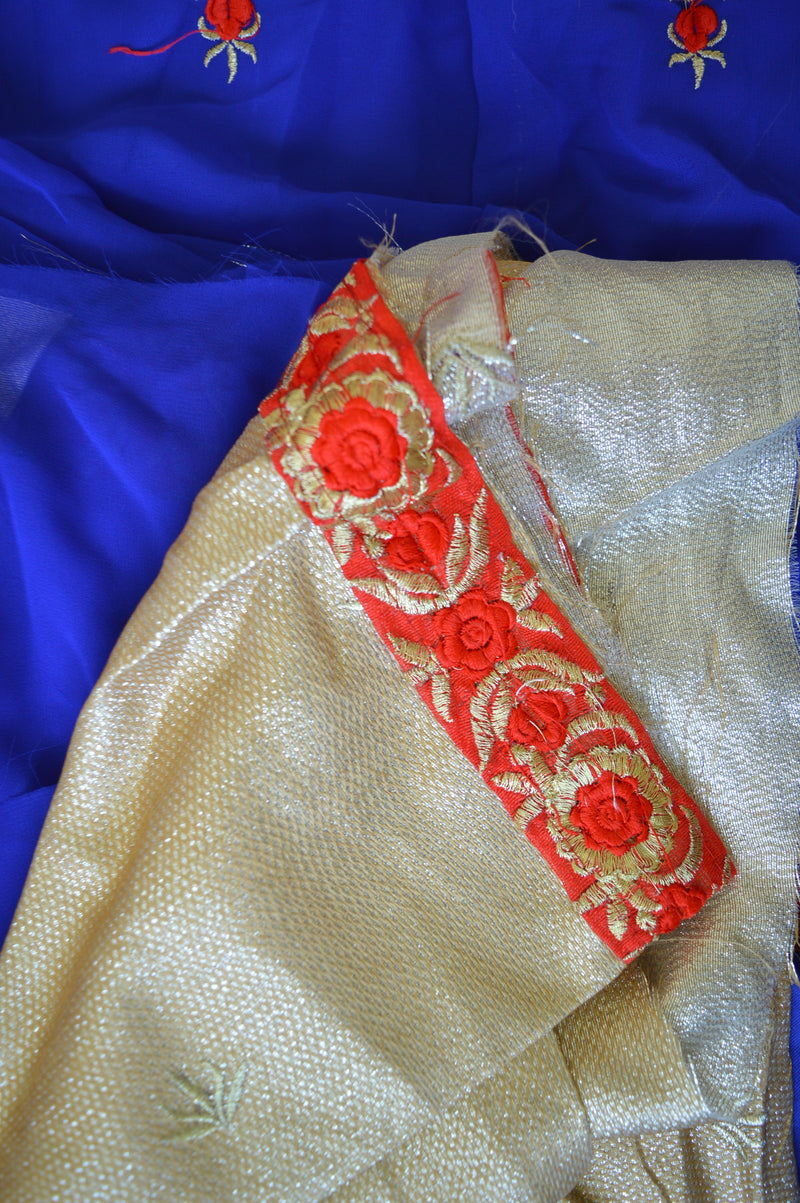 Semi Stitched Red,Blue & Gold Colour  Lehenga