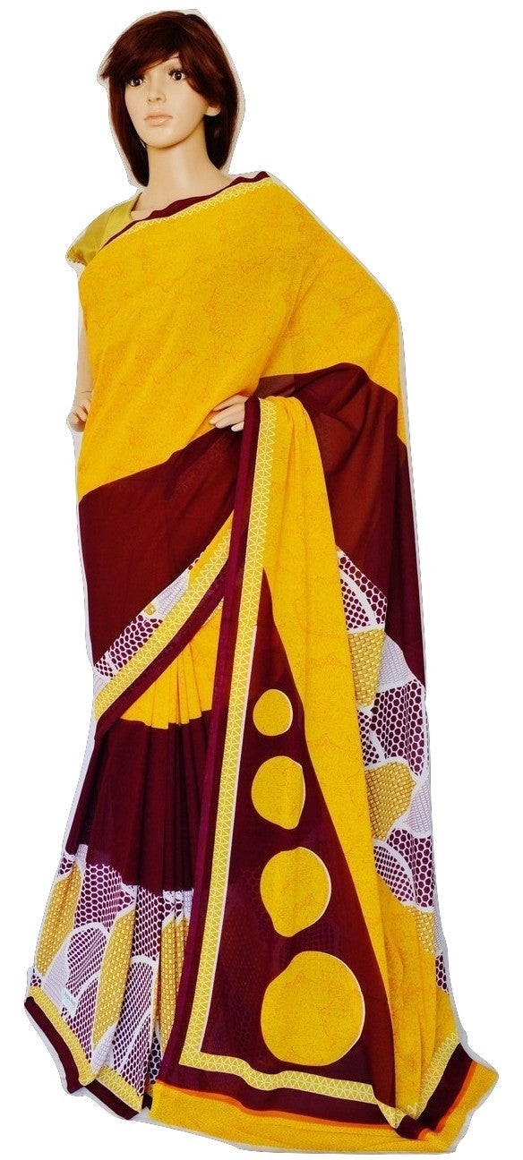 Yellow & Maroon Colour Georgette Saree