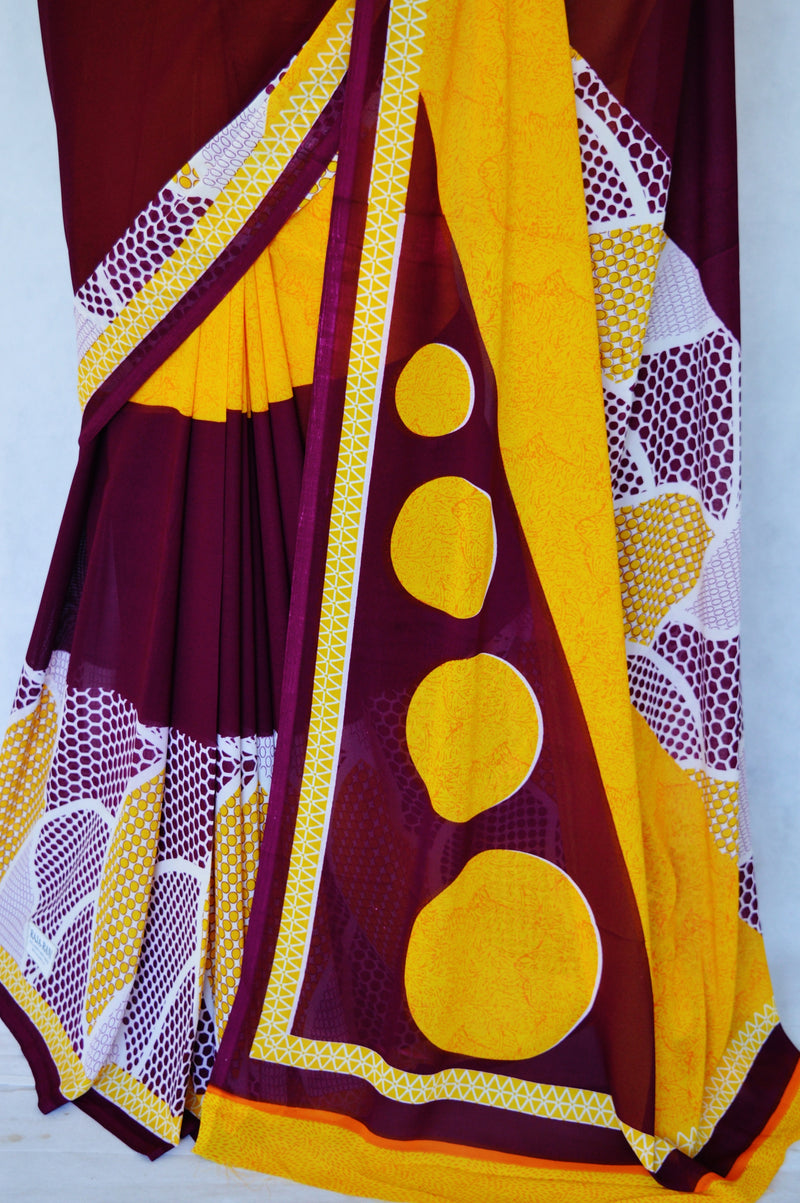 Yellow & Maroon Colour Georgette Saree