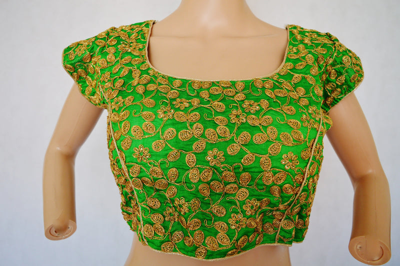Green Dupion Silk Blouse With Golden Embroidery Work