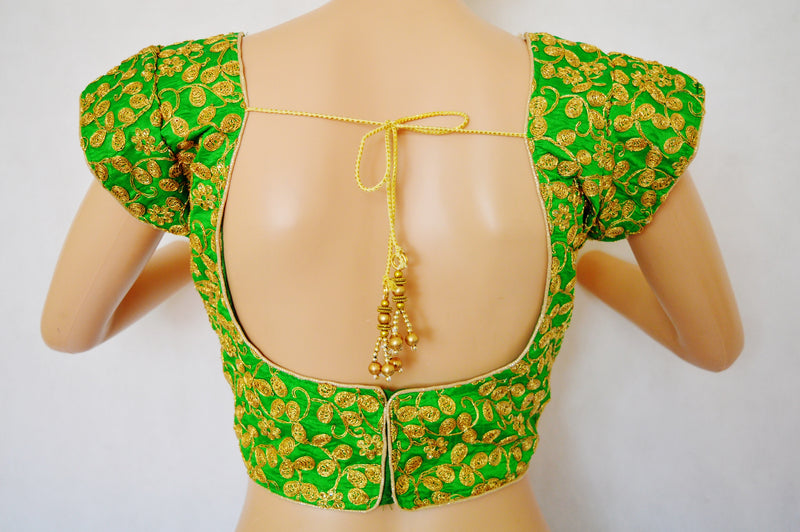 Green Dupion Silk Blouse With Golden Embroidery Work