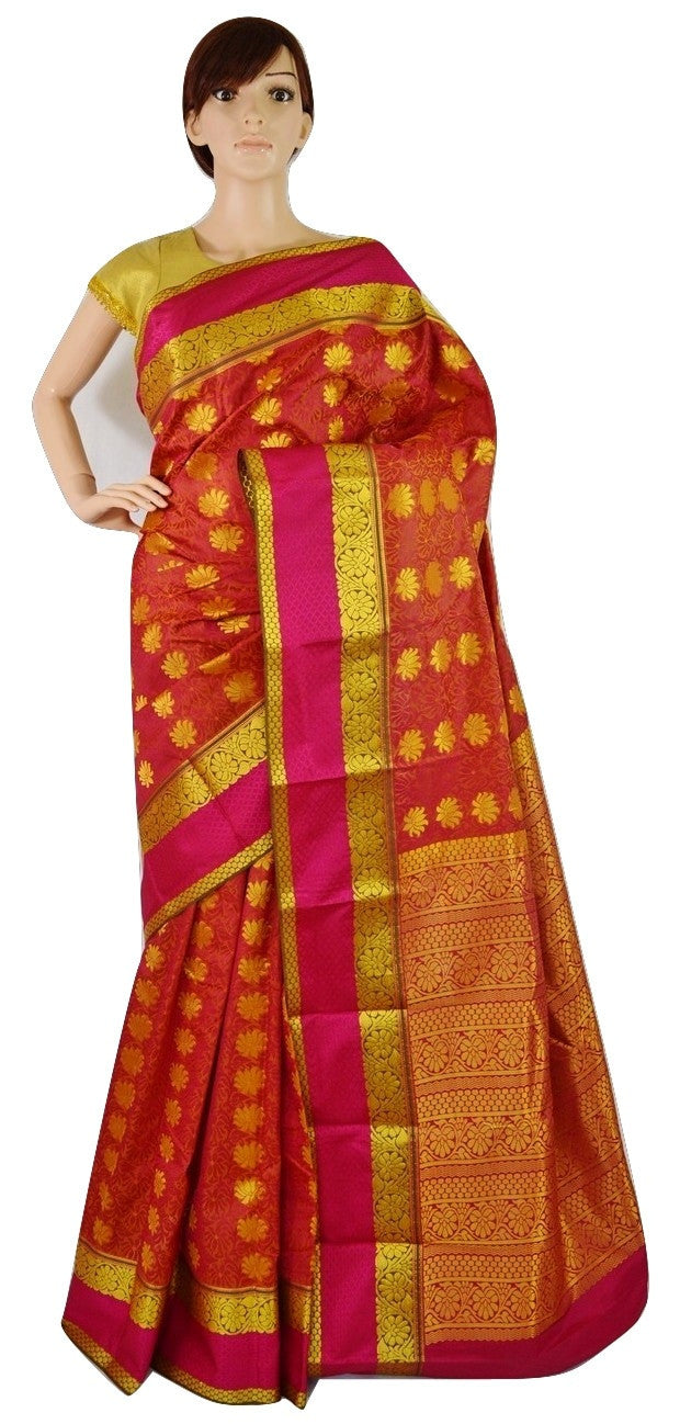 Gold Shaded Red & Magenta Colour Kanchipuram Silk Saree