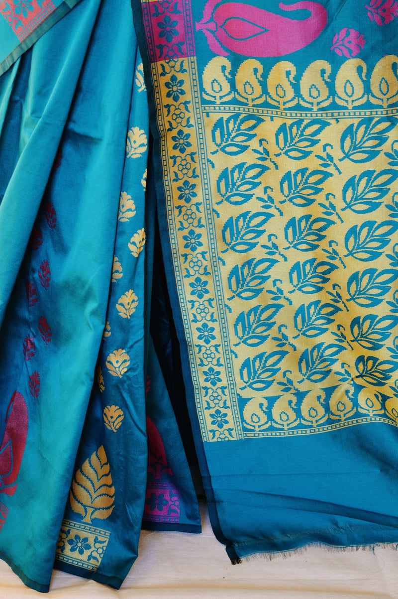 Teal Kanchipuram  Silk & Cotton Mix Saree