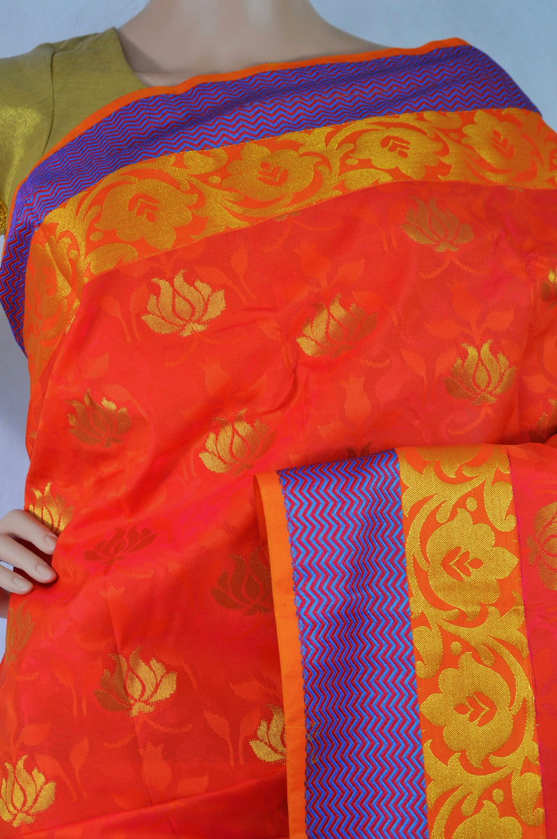Lovely Orange Red Colour Kanchipuram Silk Saree