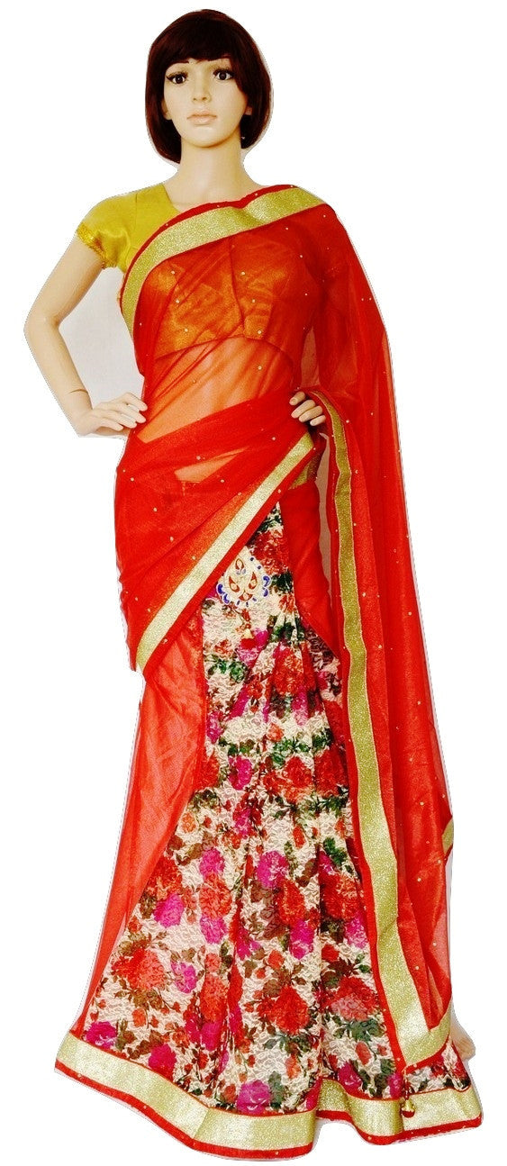 Red & Gold Colour Ready Made Pleats Saree