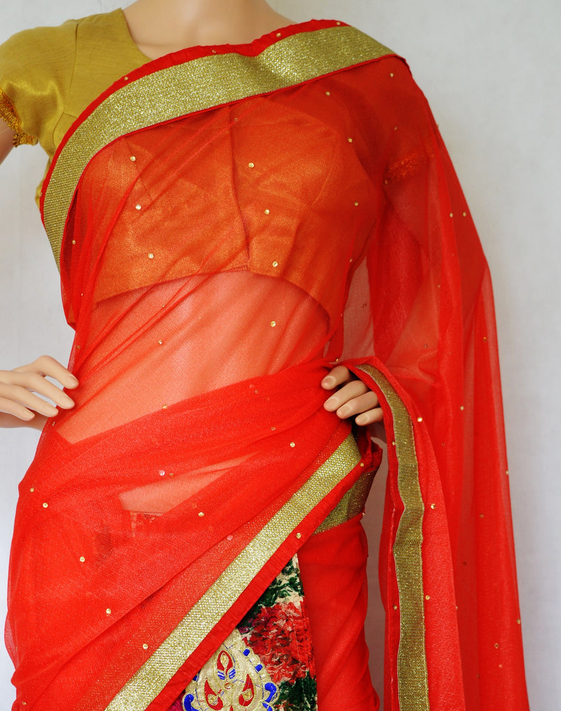 Red & Gold Colour Ready Made Pleats Saree
