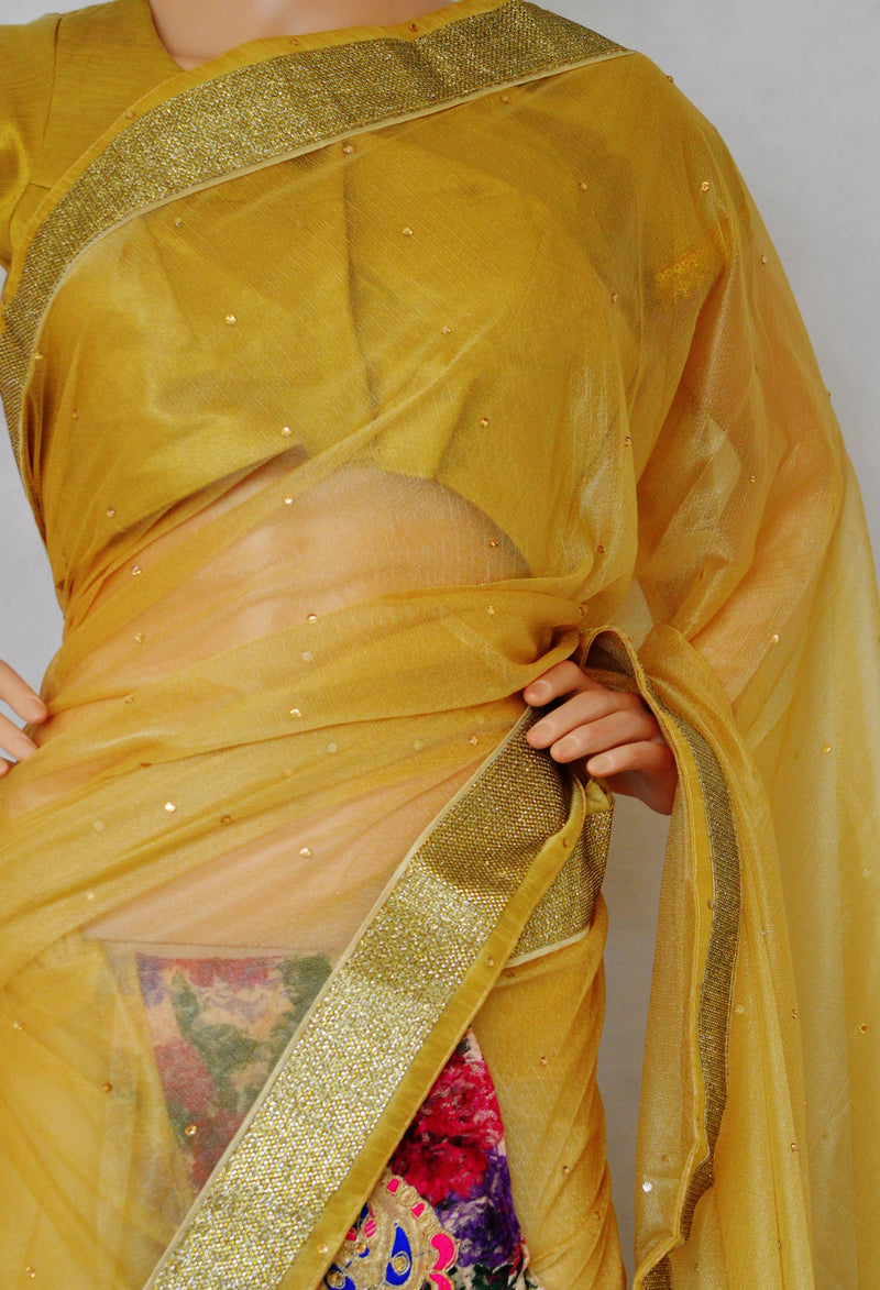 Gold & Multi Colour Ready Made Pleats Saree