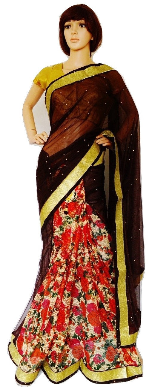 Brown & Gold Colour Ready Made Pleats Saree