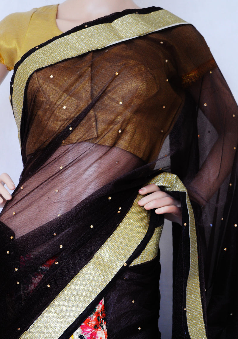 Brown & Gold Colour Ready Made Pleats Saree