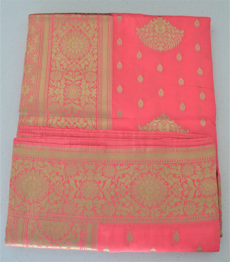 Coral Colour Zari work Silk Saree