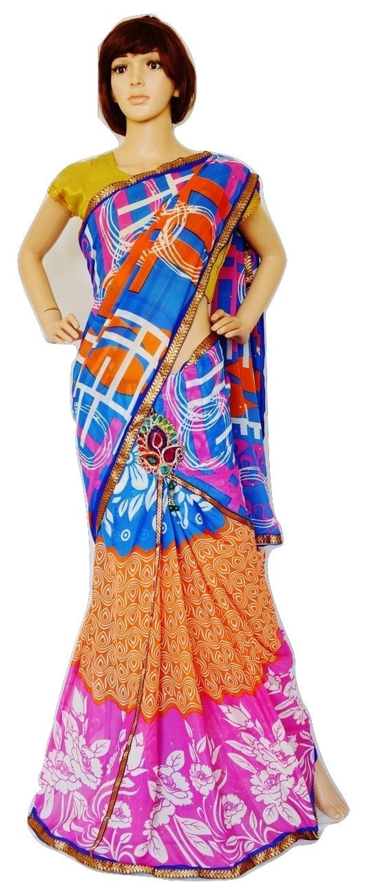 Blue, Orange & Pink Colour Ready Made Pleats Saree