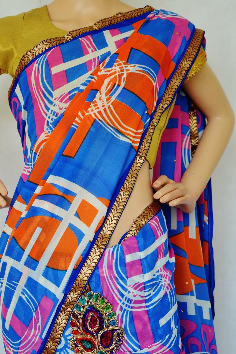 Blue, Orange & Pink Colour Ready Made Pleats Saree